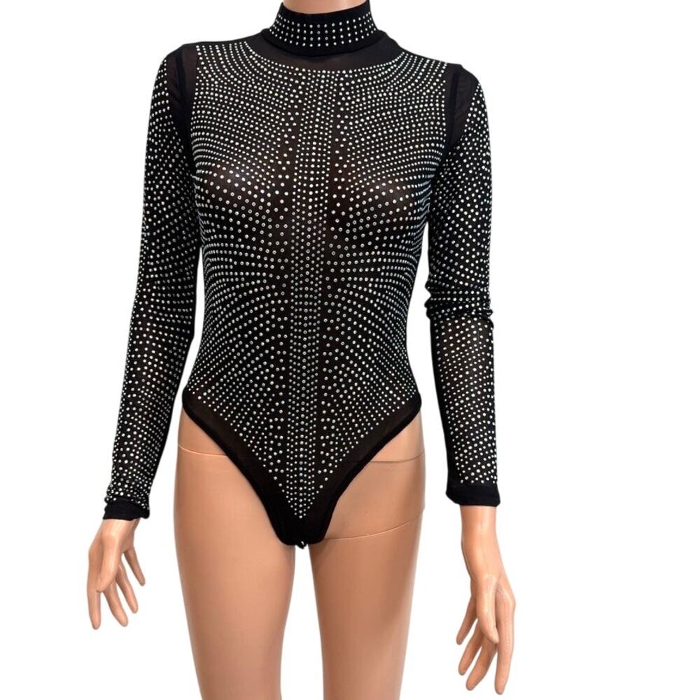 new Neva small Toxic Sparkle crystal rhinestone mock neck bodysuit TLS2 3470